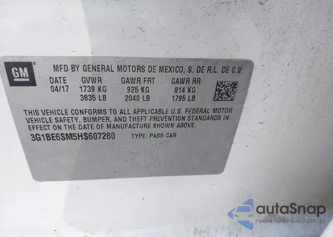 2017 Chevrolet Cruze Lt Auto из США, поврежденный, VIN 3G1BE6SM5HS607280